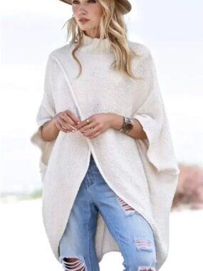 Free People Cozy Asymmetrical Poncho Sweater Cream One Size Boho Oversized
